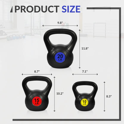 Wide Grip Kettlebell Exercise Fitness Weight Set, 3-Pieces: 10Lb, 15Lb and 20Lb Kettlebells